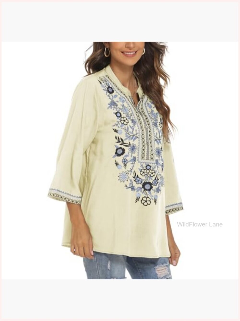 Mexican Embroidered Tunic Blouse Peasant Top 3/4 Sleeve V Neck - Picture 4 of 6